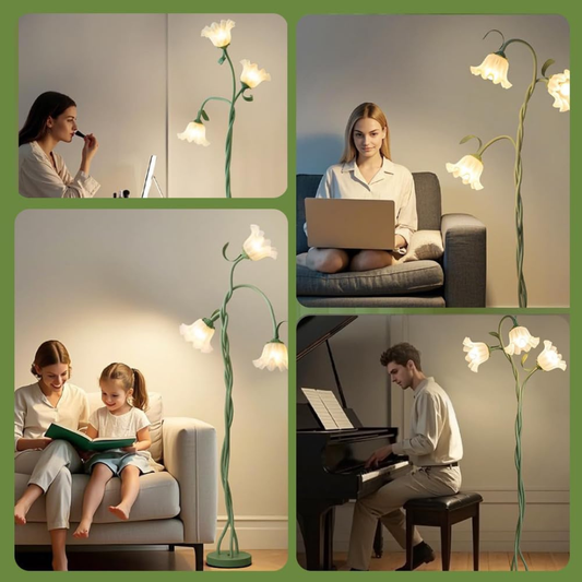 Vintage Flora 3-Head Floor Lamp – Whimsical Green Vine Standing Lamp with Floral Glass Shades..