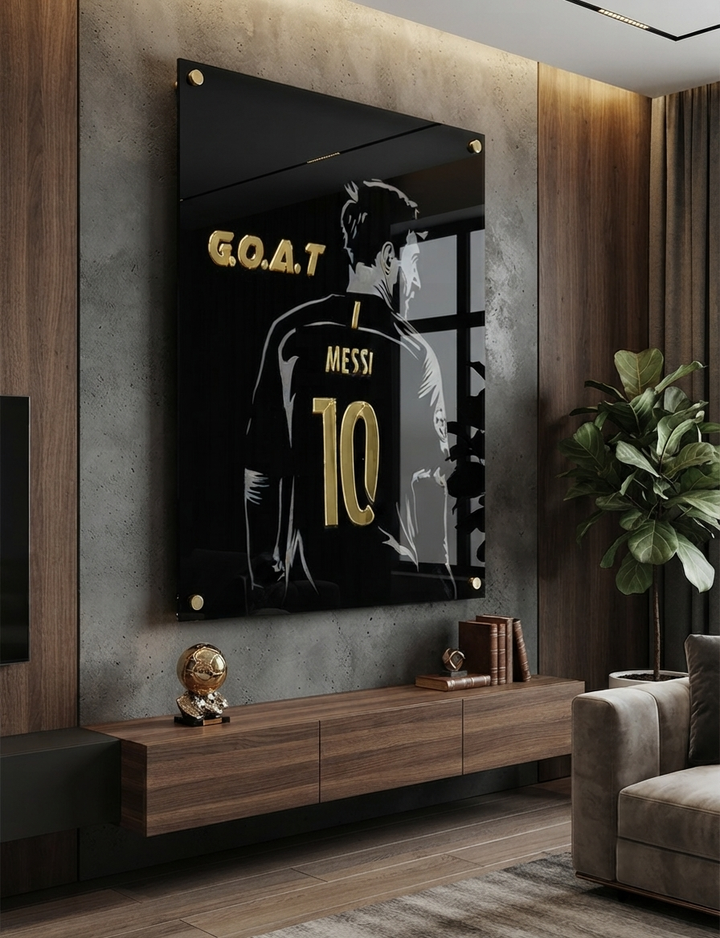 arcdew.com - Lionel Messi GOAT Acrylic Wall Art – Premium Black & Gold Football Decor