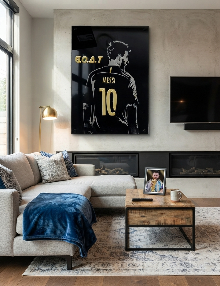 arcdew.com - Lionel Messi GOAT Acrylic Wall Art – Premium Black & Gold Football Decor - Translation missing: en.products.product.alternate_image